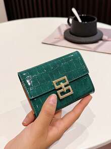 Women's Accordion Card Holder, Glossy Crocodile Embossed With Metal Decor, Multi-Card Slots & Wallet All-In-One - Green - View 3
