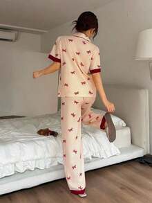 Napfluff Pyjama Set With Short Sleeve Top With Red Button And Striped Pants With Contrasting Color Bow; Pink Striped Pyjama Set With Printed Bow, Suitable For Home Use - 黃色 - 查看 2