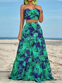 Conjunto de top bandeau con pliegues laterales y falda con volantes y abertura lateral - Verde - Ver 5