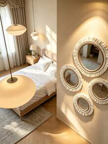 OBOVAY 1Pc/2pcs/3pcs Handmade Boho Woven Wall Decor Mirror Set,Boho Style Living Room Home Wall Decor,Exquisite Fantasy Craftsmanship Wedding Wall Decor,Easy Install, All Season Use,For Christmas & Halloween Gifts,Home Decor-For Living Room,Bedroom,Garden - Beige - View 3