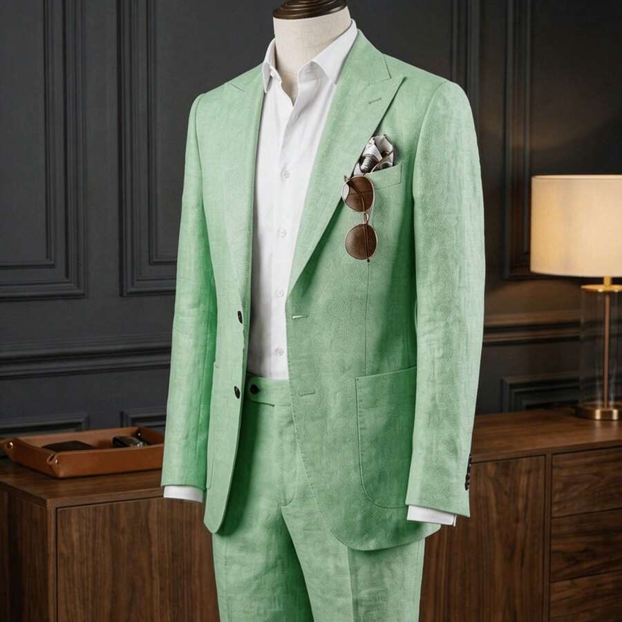 Linen Men'S Suit Set Casual Tuxedo 2pcs Regular Fit Blazer One-Button Solid Jacket And Pants For Prom Wedding Party - 黃綠色 - 查看 1