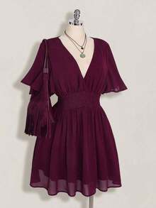 ICON Vestido de línea A con cuello en V y volantes en el bajo, adecuado para playa, vacaciones, estilo bohemio, hippie, Y2K, verano, Día de San Valentín, vestido elegante para citas - Morado - Ver 3