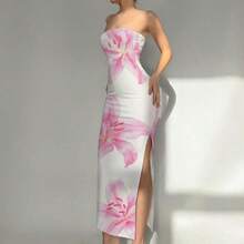 guangzhougaolangshangmao  Vestido largo elegante con estampado floral de lirio para mujer, adecuado para la playa, resort, citas elegantes y románticas, festivales de música, vacaciones de primavera - Rosa - Ver 4