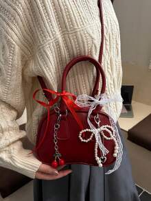 哥特风蝴蝶结围巾珍珠蝴蝶结装饰迷你手提包，便携单肩包，适合女性购物、约会、派对、万圣节礼物 - 紅色 - 查看 4