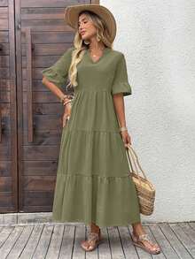 Vestido casual de unicolor con escote en pico para vacaciones de mujer - Verde - Ver 4