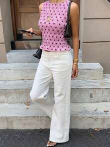 Camiseta de tirantes con cuello redondo y pliegues, con estampado de lunares en la cintura para vacaciones de mujer - Rosa - Ver 6