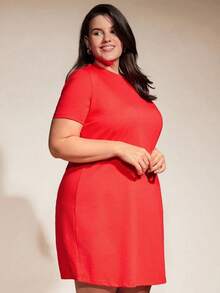 BASICS Vestido De Camiseta Sólida De Manga Corta Para Tallas Grandes - Rojo - Ver 5