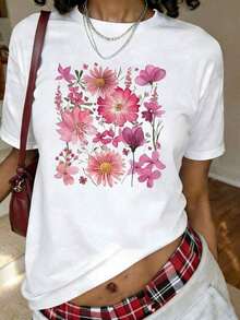 Camiseta de estilo retro boho con estampado floral, manga corta, cuello redondo, top casual para verano y primavera, ropa de talla grande para mujer. - Blanco - Ver 1