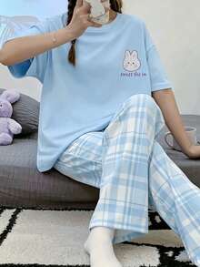 Conjunto de pantalones y blusa de manga corta con estampado de conejo de dibujos animados para niñas adolescentes - Azul - Ver 2