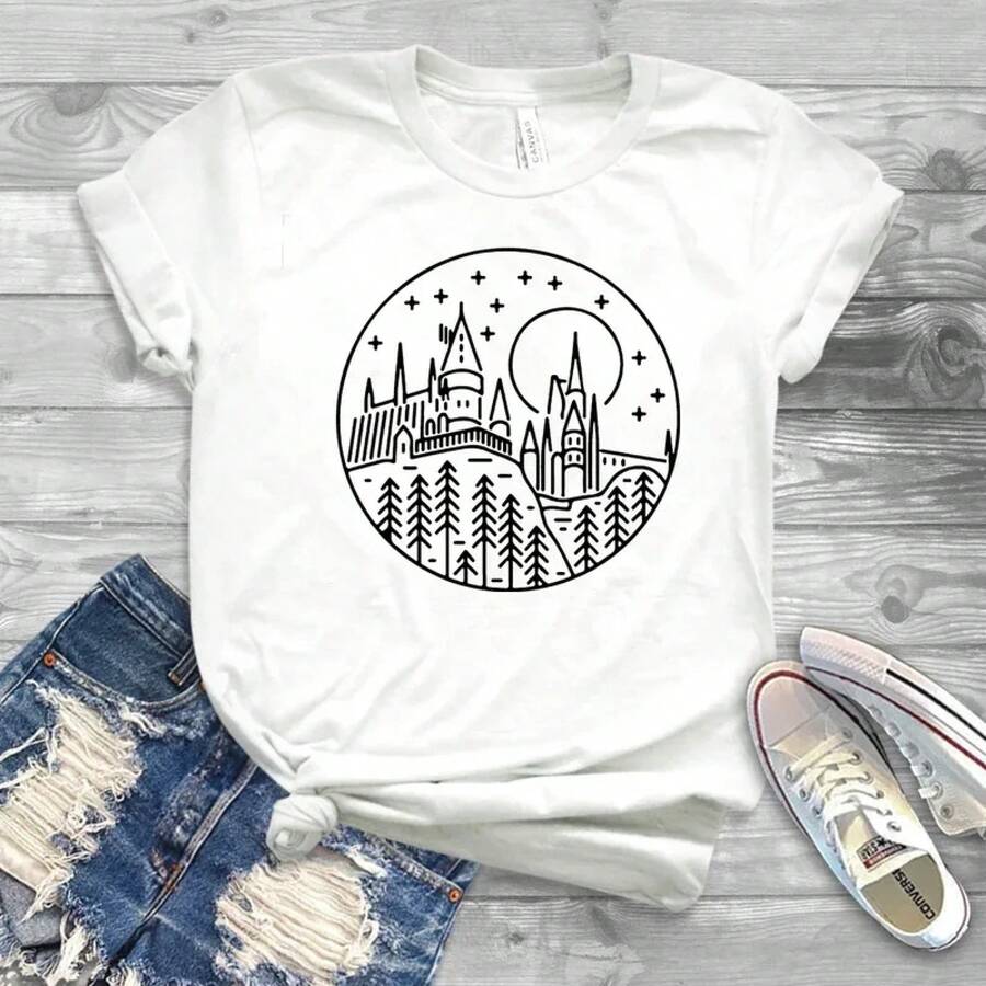 Camiseta de mujer de algodón manga corta casual estampado castillo de magia para verano en México - Blanco - Ver 1