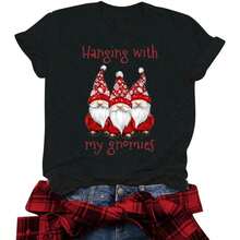 1 Piece Of Premium Cotton T-Shirt, Fartey Brand Fun Graphic T-Shirts For Women, Short Sleeve Round Neck T-Shirts For Summer 2026, Fashionable T-Shirts With Christmas Gnome Print, Soft And Comfortable Blouses For Vacation. - 黑色 - 查看 11