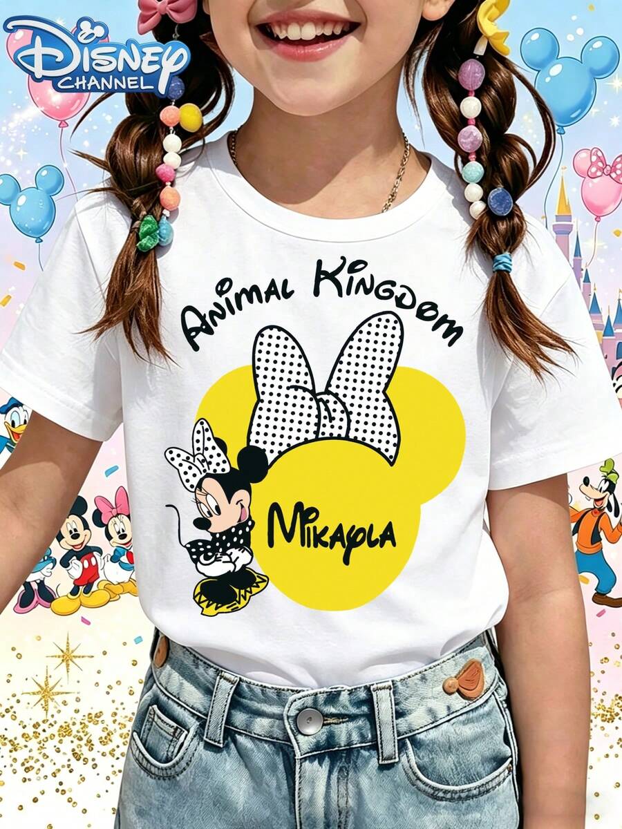 Disney T-Shirt Short Sleeves Are Made Of 100% Pure Cotton FabricDisney Minnie Mouse T Shirt White Animal Kingdom Print With Mickey And Minnie Characters For Kids Disney Theme Park OutfitGifts Suitable For Girls - trắng - Xem 1