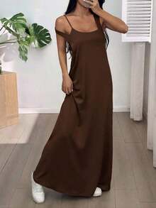 Vestido casual sin mangas con cuello asimétrico para mujer, vestido de verano con sujetador incorporado, color amarillo crema - Café integral - Ver 2