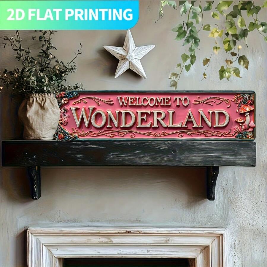 2D Plano, Impressão 2D Plana, 1 Peça, Placa Decorativa Estilo Vintage Bem-vindo ao País das Maravilhas, Adequado para Decoração de Parede, Quintal, Garagem, Loja, Bar em Casa, 2D Plano (Estilo Aleatório) - A - Visão 1