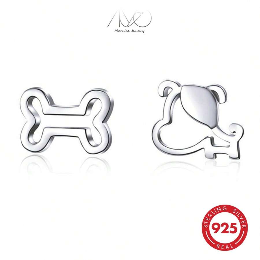 925 Sterling Silver Cute Dog Bone Asymmetric Hollow Design Earrings, Delicate Earrings For Women, Suitable For Daily Wear, Parties, Gift For Family And Friends, Birthday Gift, Comes In Gift Box - Silver - View 1