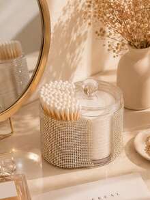 Rhinestone Cotton Pad Holder With Lid, Qtip Holder Bathroom Organizer, Bling Makeup Vanity Storage Container For Cotton Swabs, Cotton Rounds, Cotton Balls, Cosmetic Countertop Accessories - View 1