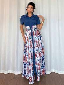Vestido largo elegante de mujer con estampado floral azul, de manga abierta y efecto splice para el verano - Multicolor - Ver 3