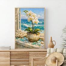 1pc Canvas Wall Art, Framed Wall Decor, Seaside White Orchid, Seaside Cottage Orchid & Teal Waves Art Print, Vintage Windowsill Orchid With Sea Glass & Coral, Nautical Style White Orchid Seascape Wall Art, Bright Summer Beach Decor - Multicolor - View 6
