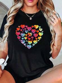 Talla grande, camiseta de mujer de talla grande con estampado gráfico LOVE, manga corta y cuello redondo, top casual para verano y primavera, ropa de mujer - Multicolor - Ver 1