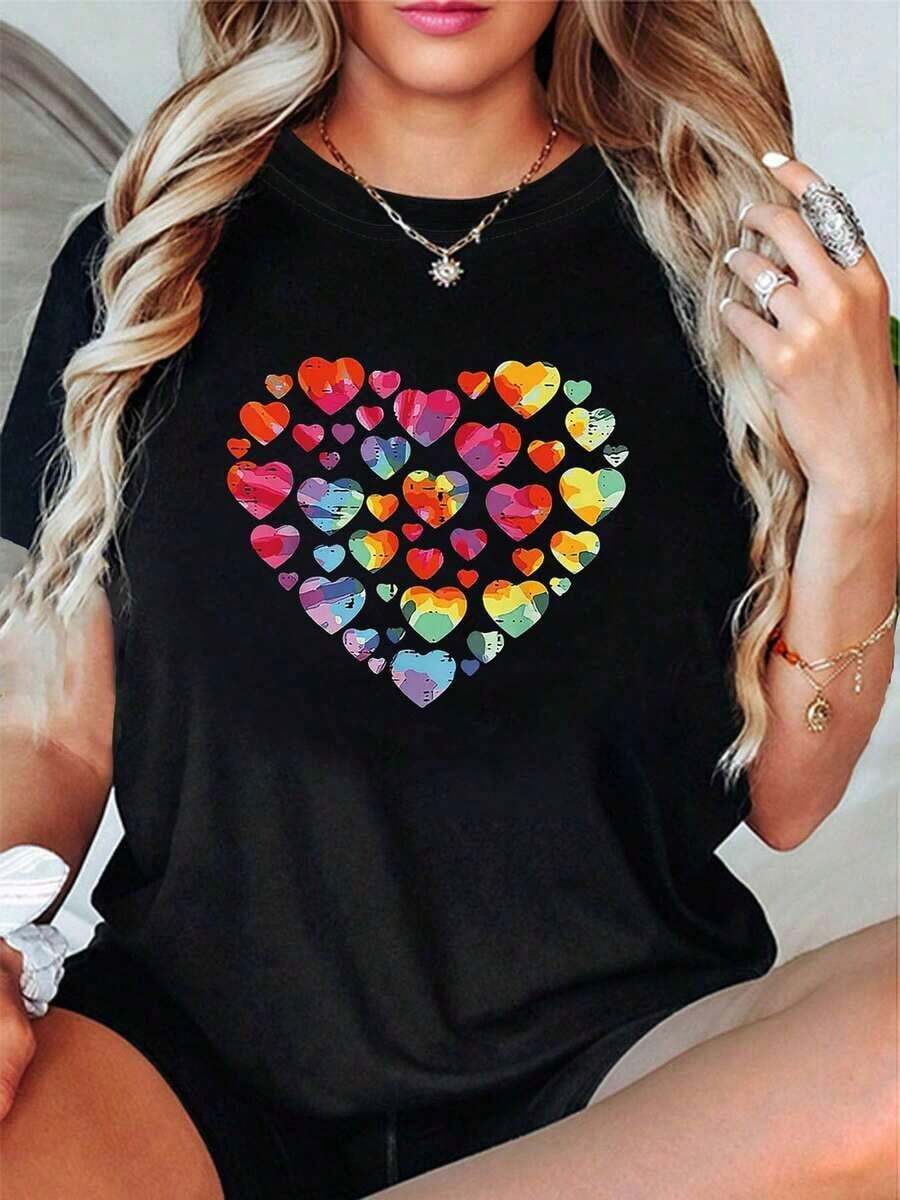 Talla grande, camiseta de mujer de talla grande con estampado gráfico LOVE, manga corta y cuello redondo, top casual para verano y primavera, ropa de mujer - Multicolor - Ver 1