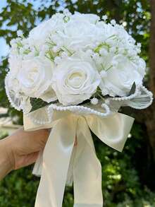 1件白色新娘婚禮花束 仿真珍珠蕾絲玫瑰花束 附緞帶 新娘伴娘婚禮儀式海灘婚禮拍照道具 - 彩色 - 查看 2