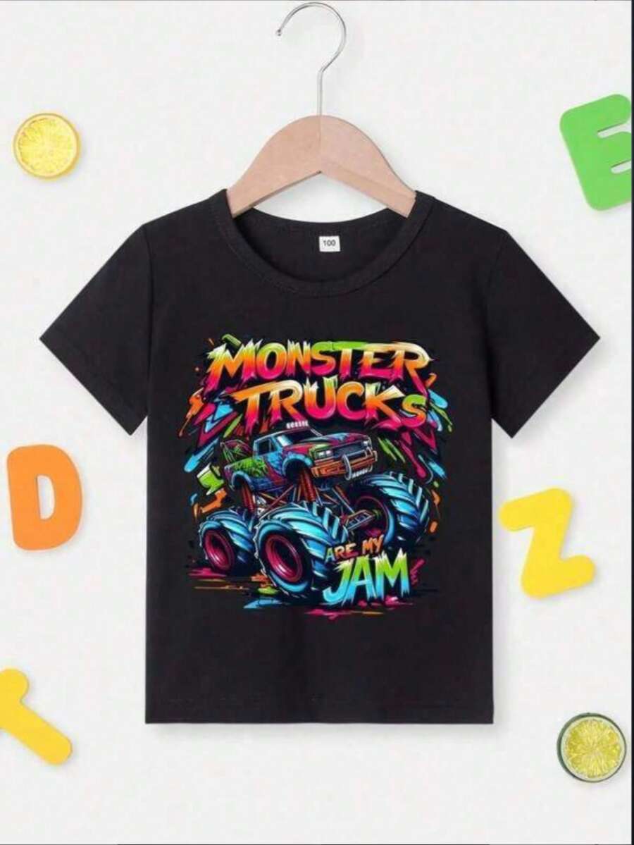 2026 Girl's Boy's Fashionable Casual Tees, Pure Cotton Tshirts Cute Boy's Summer Top MONSTER TRUCK JAM Cartoon Print Short Sleeve Crew Neck T-Shirt Casual Outing Tee Gift Girls Clothes Tween Girl Clothes Girls Outfits Girls Clothing Teen Girls Clothes Tops For Women Men Outfit Gift, Size 2Y-16Y, S-XXXL, Men Clothing, Tops For Women, Perfect Gift For Back To School And Mother's Day, Can Be Matched With Parent-Child Outfits - màu đen - Xem 1