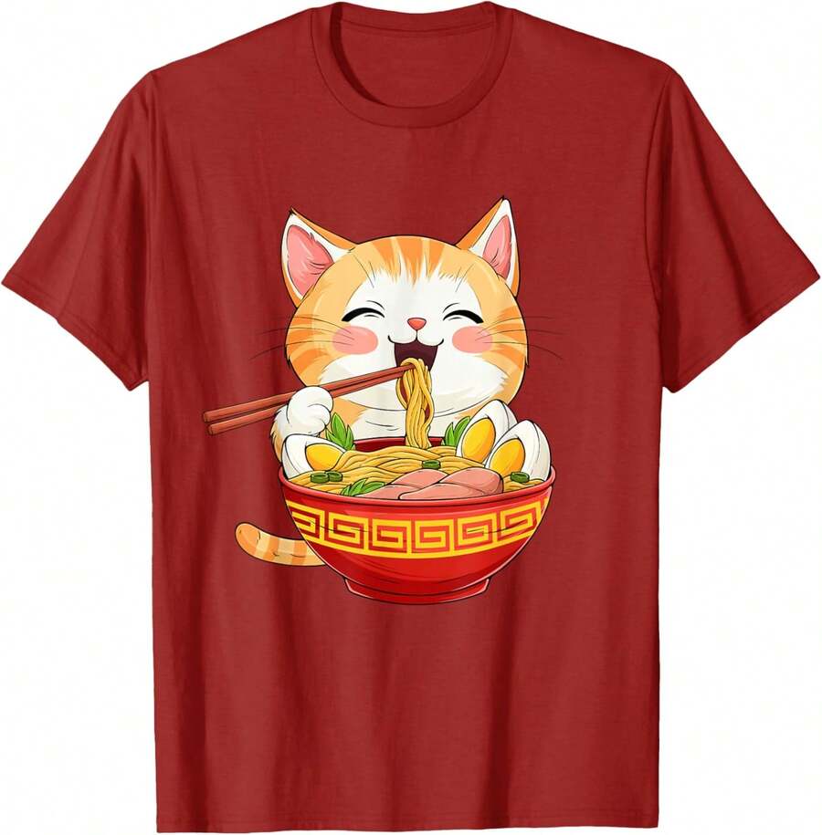 Camiseta con diseño de gato japonés comiendo ramen - estilo anime lindo - Rojo arándano - Ver 1