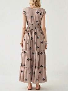 Vestido largo con volantes y estampado completo, atuendo de vacaciones y playa para mujeres - Caqui - Ver 3