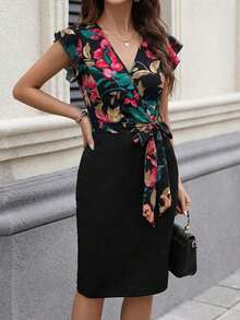 Vestido midi con estampado floral y cuello en V con mangas cortas, elegante para vacaciones - Caqui - Ver 11