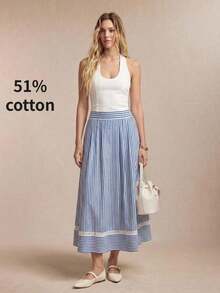 Falda de mujer con diseño de parche, bolsillo lateral y dobladillo de encaje hueco, versátil para oficina, formal, casual y romántica para el transporte urbano, nueva colección primavera/verano - Azul y blanco - Ver 4
