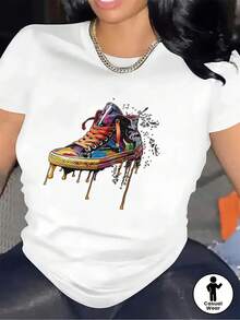 Camiseta de manga corta, diseñada con un colorido estampado de zapatillas deportivas.| Ligero y duradero, adecuado para el hogar, la oficina o para uso casual al aire libre, con estampados artísticos vibrantes y un ajuste cómodo, con un diseño de cuello redondo. - Blanco - Ver 6