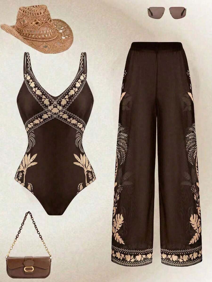 Swim Oasis Traje de baño de una pieza sexy con estampado floral para mujer, adecuado para la playa, citas, fiestas, primavera/verano, resort de moda de alta gama - Marrón - Ver 1