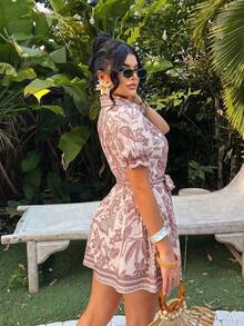 Vestido corto de tipo A de manga corta con un solo pecho y lazo delantero de estilo bohemio, vestidos cortos de verano para mujeres, atuendos de vacaciones en la isla, vestidos de verano, atuendos de vacaciones para mujeres, ropa de mujer bohemia, atuendos de crucero para mujeres, atuendos de Hawái para mujeres, vestido tropical, vestido camisero, atuendos de Ibiza - Multicolor 4 - Ver 2