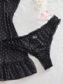 2 piezas Camisón de lunares Lencería sexy de malla transparente para mujer Conjunto de vestido de quimono (con pantie) - Negro - Ver 3