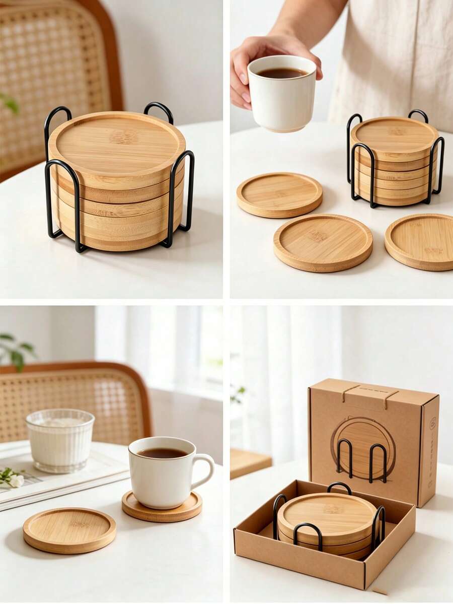 6pcs Bamboo Coasters With Holders - Multipurpose Coasters Suitable For Large Glass Cups, Stemware, Coffee Mugs, Succulents And Other Plants, Natural Wooden Drink Coasters For Home, Kitchen, Bar Decor - Multicolor - View 1