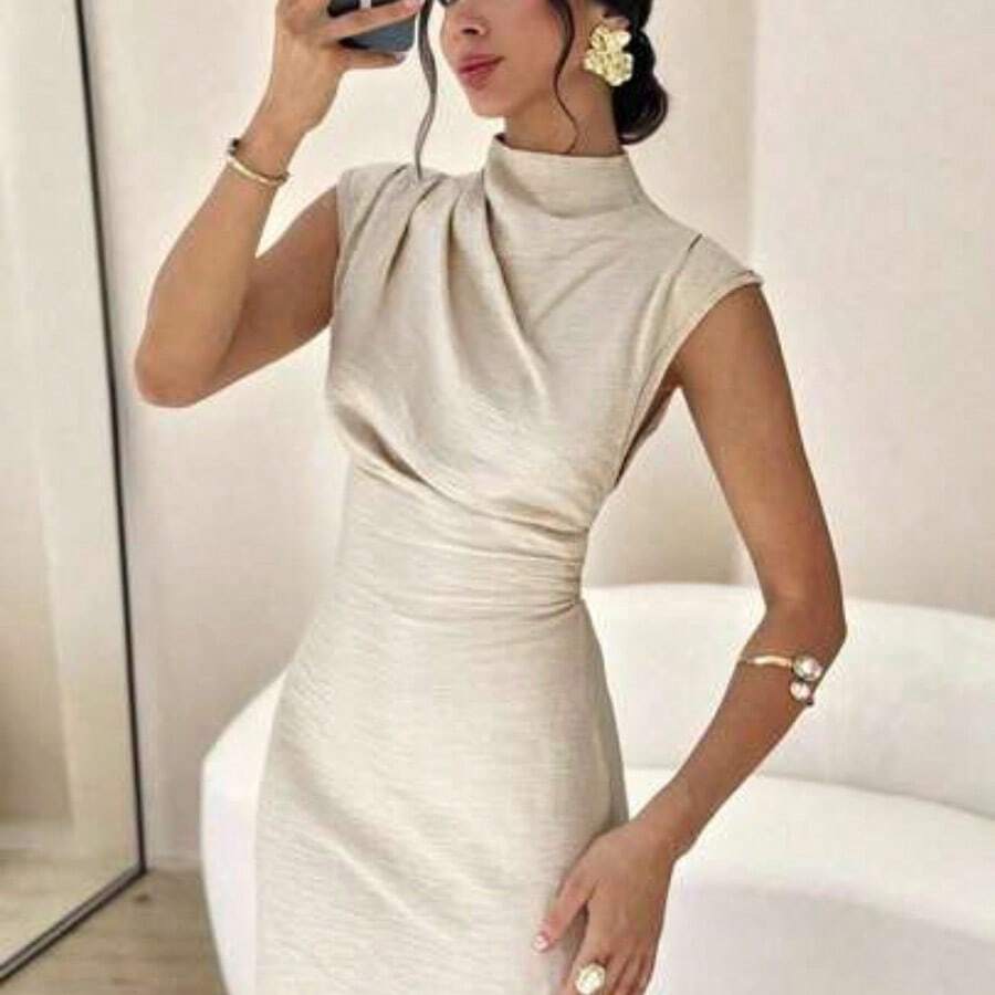 YijiaNvz Vestido de verano de mujer elegante de unicolor con cuello de pie que ciñe la cintura - Albaricoque - Ver 1