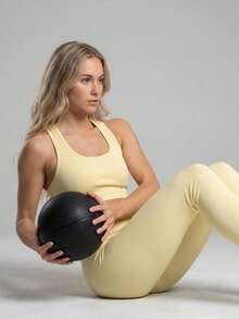 Women's Two-Piece Ribbed Design Activewear Set, Fitness Set, Workout Set, Legging And Top Set With Back Adjuster - 香檳色 - 查看 5