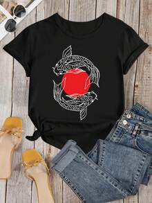 Camiseta con estampado de pez koi japonés, recuerdo turístico japonés - Negro - Ver 1