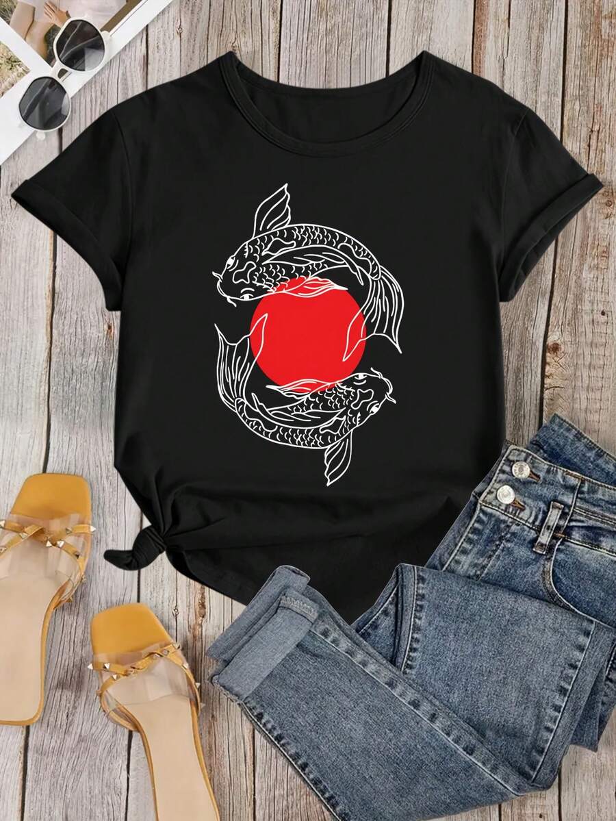 Camiseta con estampado de pez koi japonés, recuerdo turístico japonés - Negro - Ver 1