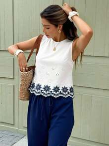 Conjunto de 2 piezas de top sin mangas con bordado floral y ribete de concha, y pantalones de pierna ancha, para mujer, estilo casual de vacaciones, primavera/verano - Azul - Ver 9