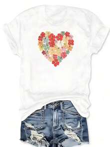 Camiseta con Estampado Floral de Corazón para el Día de San Valentín Hawaiano, Día de la Madre, Año Nuevo, Manga Corta, Cuello Redondo, Estilo Casual para Verano y Primavera, Ropa de Tallas Grandes para Mujer - Blanco - Ver 3