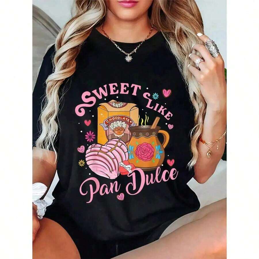 Camiseta Personalizada Sweet Like Pan Dulce| Camiseta Gráfica Personalizada Unisex de Pan Mexicano para San Valentín, Tallas S-5XL, Algodón Premium de 180g, Manga Corta Casual, Camiseta Personalizable para Regalo de San Valentín para Mujeres Latinas - Negro - Ver 1