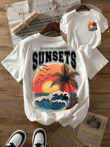 Camiseta Casual de Manga Corta para Mujer - Estampado Retro de Atardecer en la Playa y Palmeras con Texto "Forever Chasing Sunsets", Cuello Redondo Suave y Elástico, Lavable a Máquina, Top de Verano para Looks Informales, Estilo Vintage, Material Elástico, Camisa Estampada, Ropa de Fin de Semana Ideal para todas las estaciones Muy buena calidad Adecuado para todas las ocasiones QDR1 - Blanco - Ver 1