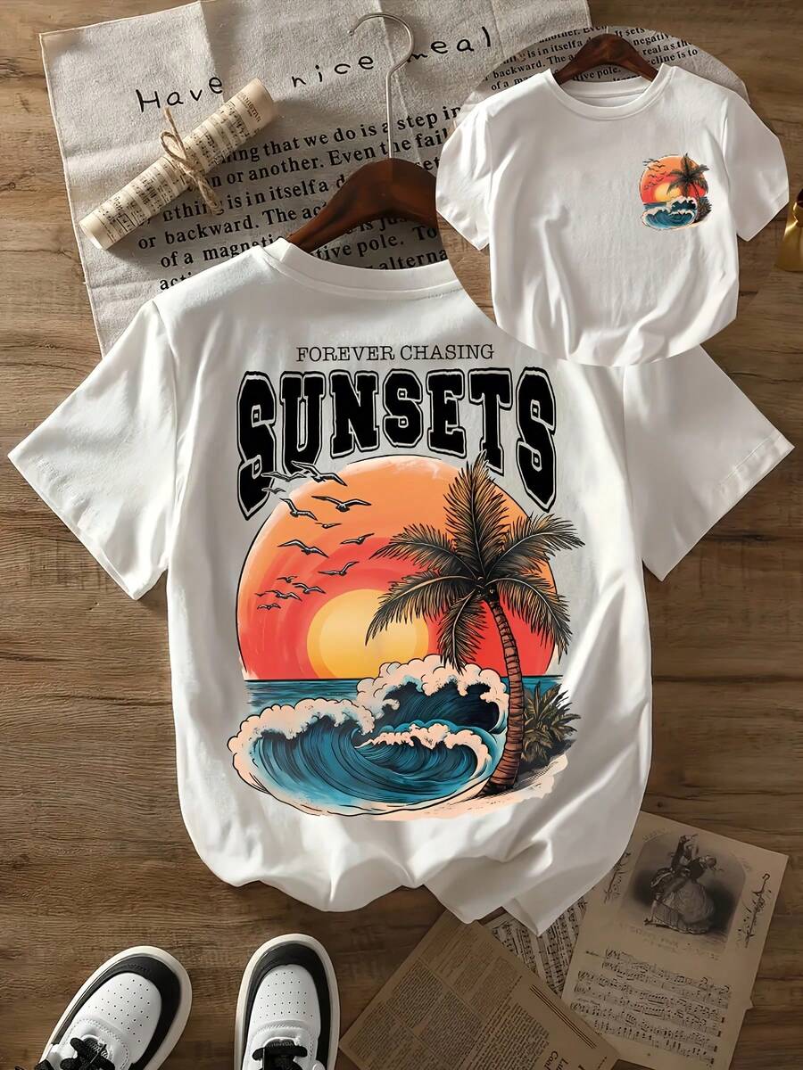 Camiseta Casual de Manga Corta para Mujer - Estampado Retro de Atardecer en la Playa y Palmeras con Texto "Forever Chasing Sunsets", Cuello Redondo Suave y Elástico, Lavable a Máquina, Top de Verano para Looks Informales, Estilo Vintage, Material Elástico, Camisa Estampada, Ropa de Fin de Semana Ideal para todas las estaciones Muy buena calidad Adecuado para todas las ocasiones QDR1 - Blanco - Ver 1