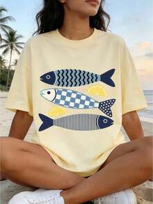 Camiseta holgada para mujer con estampado retro de sardinas, hombros caídos, manga corta y cuello redondo. - Amarillo - Ver 5
