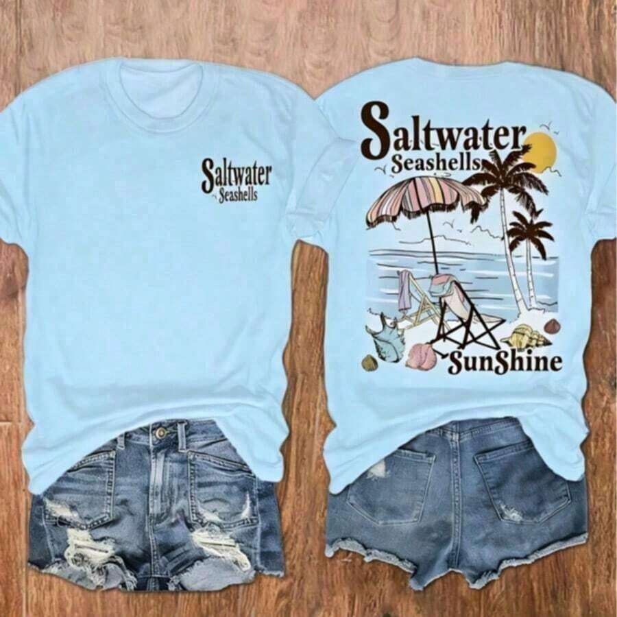 Conjuntos de Vacaciones para Mujer, Camiseta con Estampado de Conchas Marinas y Palmeras para la Playa, Camiseta Casual de Manga Corta para Mujer, Ropa de Mujer, Holgada y Cómoda, Ropa de Verano para Vacaciones de Mujer - Celeste - Ver 1