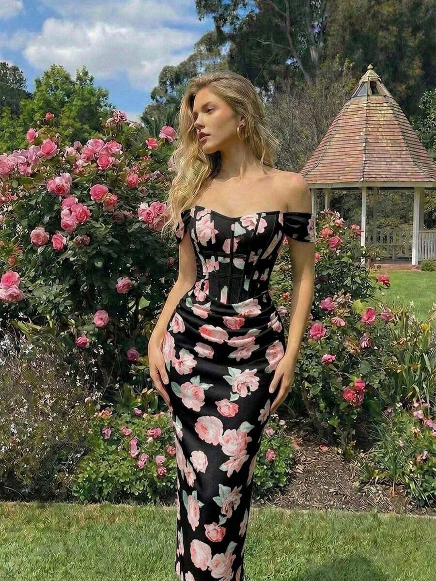 MOD Vestido ajustado con hombros descubiertos, fruncido y estampado floral para mujer - Negro - Ver 1