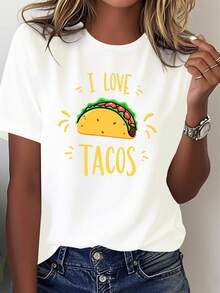 Camiseta de mujer "I Love Tacos" - Diseño mexicano, estampado de tacos y sombrero de paja, suave algodón puro, manga corta, estilo casual, diseño de letras azules y amarillas, ideal para fiestas del martes del taco, uso casual (lavable a máquina) - Divertido regalo para amantes de los tacos, blusa casual para mujer. - Blanco - Ver 7