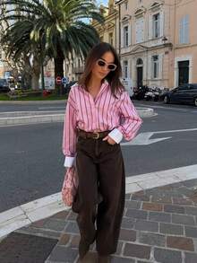 Camisa Listrada Chique Feminina com Punhos Contrastantes, Top Solto Versátil de Manga Longa com Gola Lapela para Primavera/Verão - Rosa chiclete - Visão 4