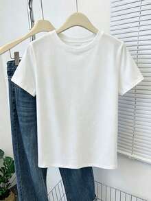 Camiseta de Mujer con Cuello Redondo, Diseño Colorblock de Verano, Estampado de Slogan y Bordado de Hibisco - Blanco - Ver 2